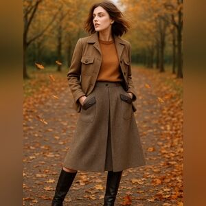 Dark Academia Tweed Skirt Leather Trim Pockets Vintage Designer